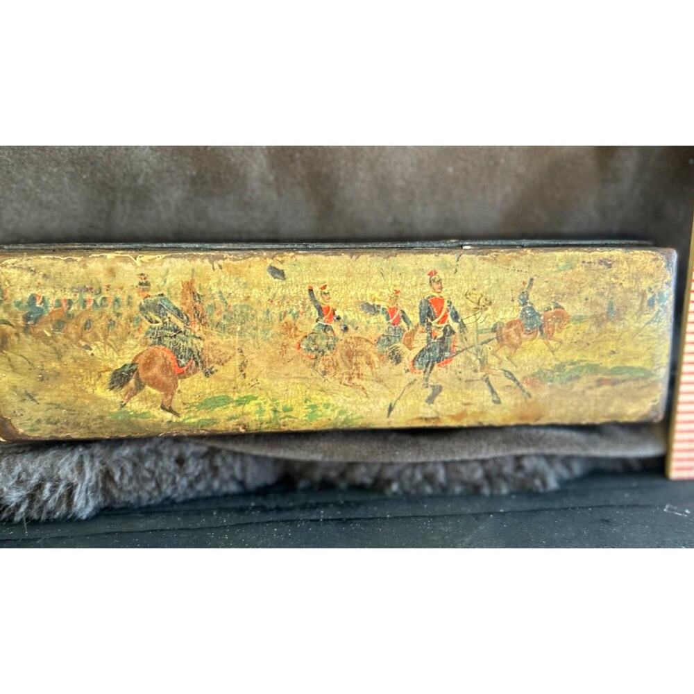 Vintage trinket box hand painted cavalry charge battle scene Horses Soliders